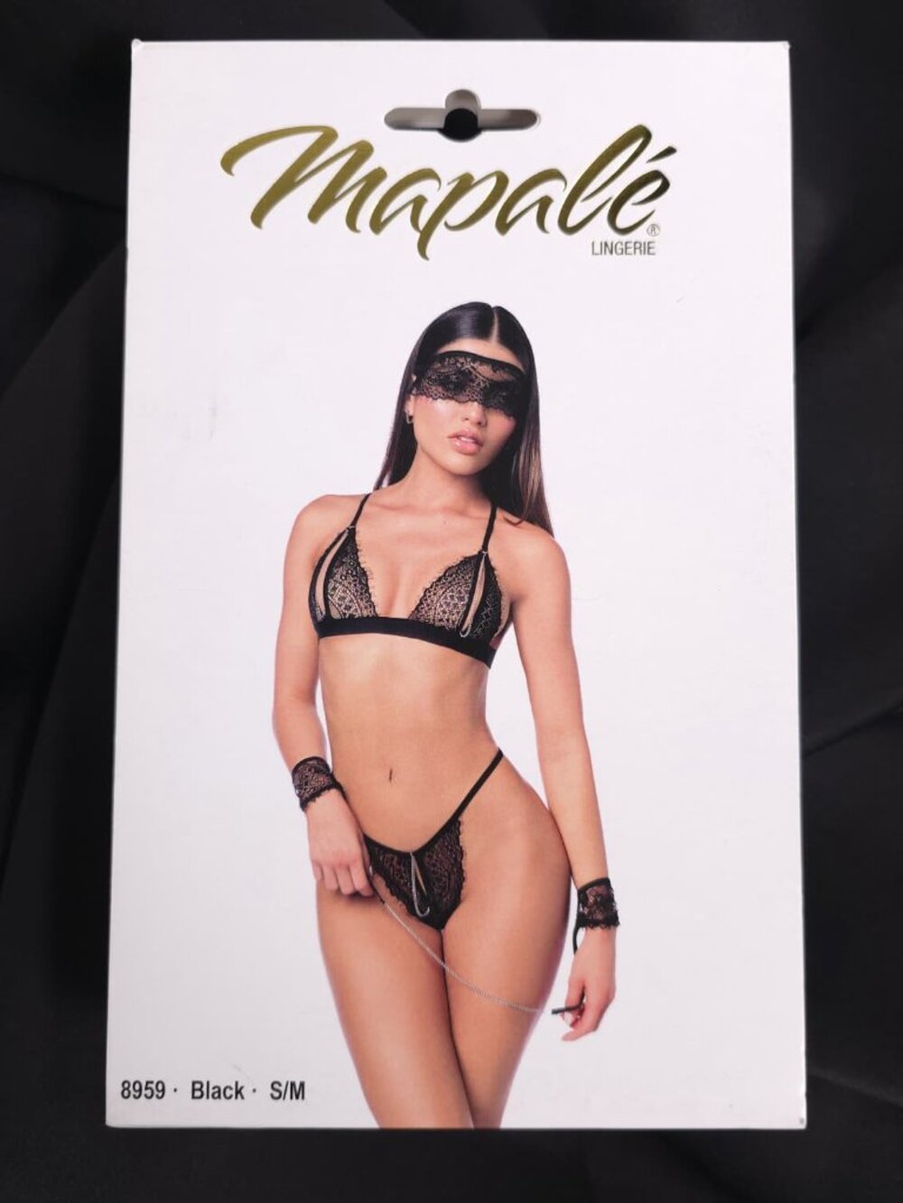 Mapalé 4 Piece Lace Lingerie Set Eye Mask Handcuffs Black S/M Style 8959